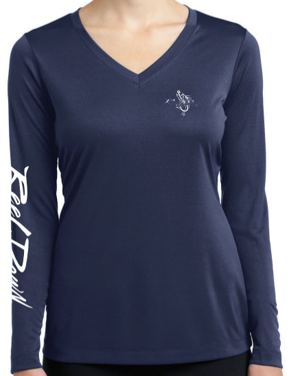 Ladies V-Neck Navy Reel Down Patch LS