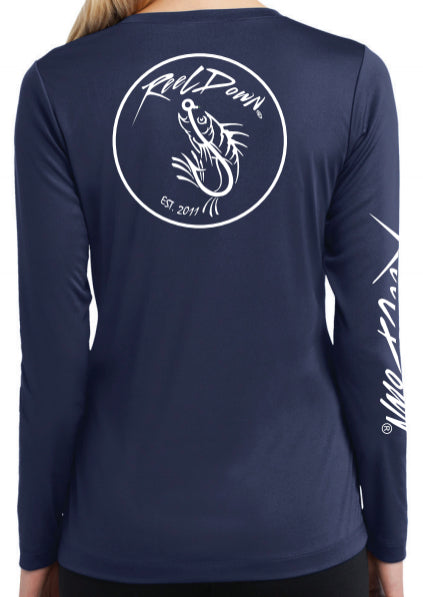 Ladies V-Neck Navy Reel Down Patch LS